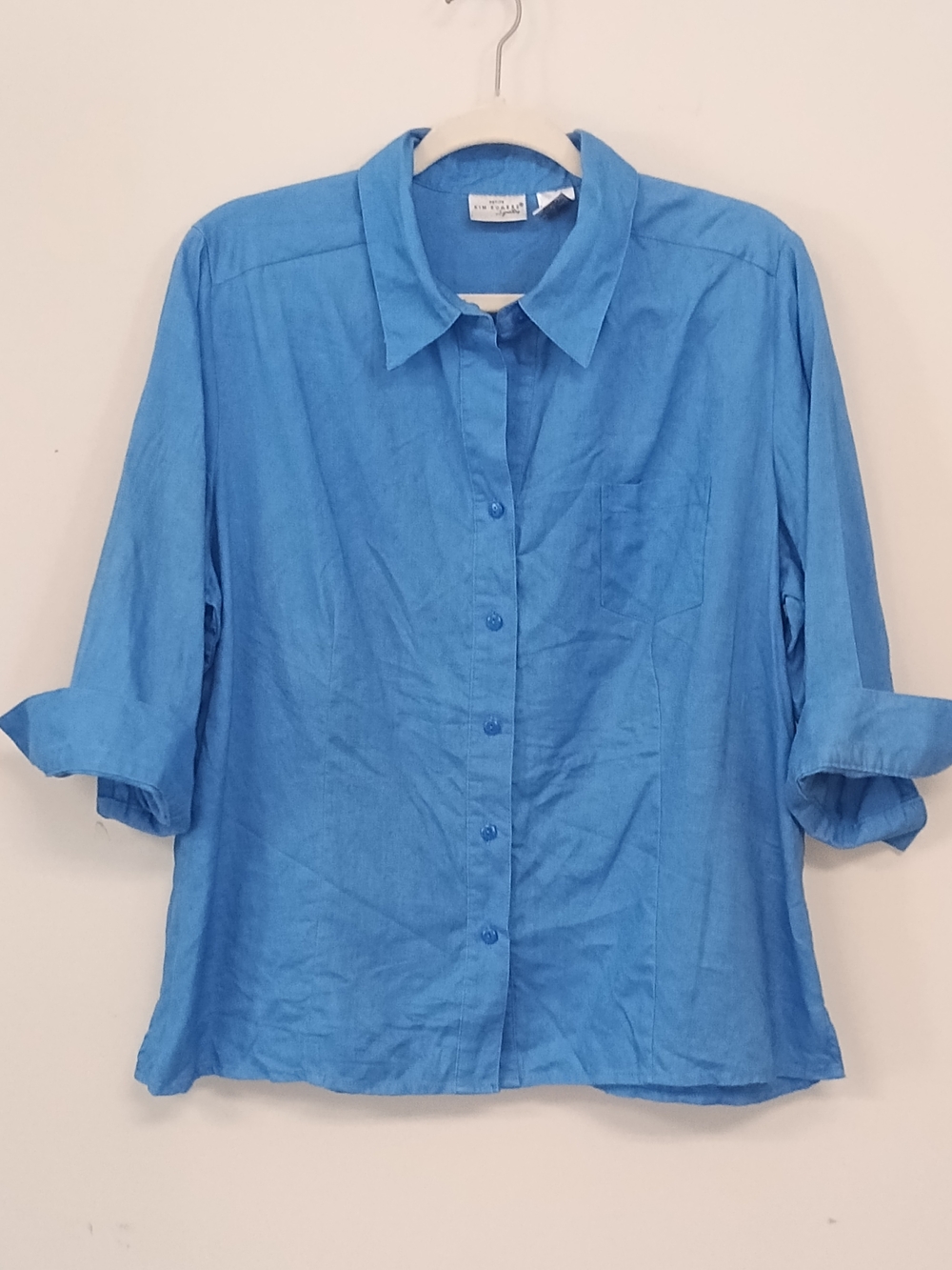 Kim Rogers 100% Linen Coastal Blue Button Down  Cuff Sleeve Top Beach Petite XL